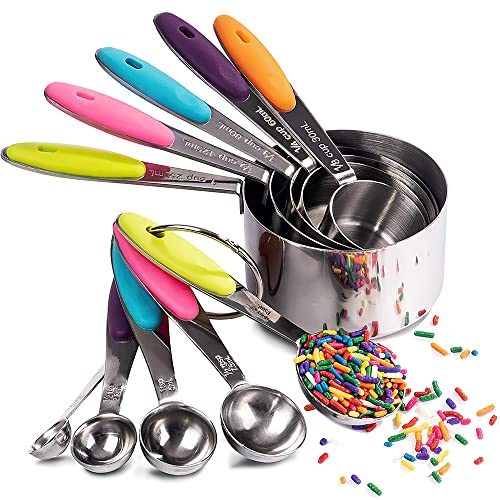 Measuring Cups And Spoons Set: Stainless Steel 10 Piece For Baking And Cooking With 5 Measuring Cups, 5 Measuring Spoons And 2 Rings, Soft Colorful Silicone Handles For Dry And Liquid Ingredients #TOP3