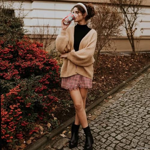 CHICWISH Women Fuzzy Open Front Waffle Knit Cardigan Long Lantern Sleeve Oversize Classy Cozy Cardigan Sweater Tan/Pink/Blue3