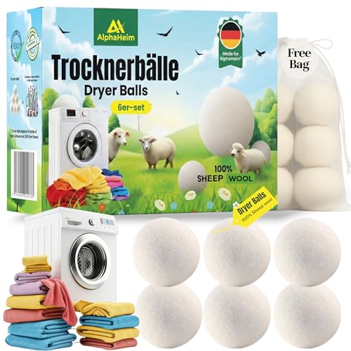 AH AlphaHeim Lot de 6 balles de séchage XL AlphaHeim® pour sèchelinge et doudounes. Sans substances nocives et sans danger pour les animaux. Balles de séchage 100 % laine de