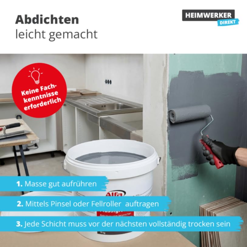 15 kg Alfa Flüssigfolie – Abdichtungsmasse blau – unter keramischen Belägen | Profi-Qualität – Flexible Flüssigfolie zur Abdichtung unter Fliesen in Bad, Dusche, Küche und Feuchträumen