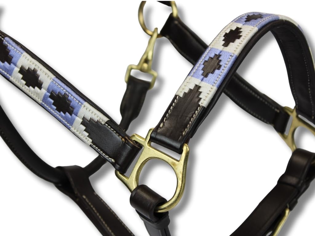 Exklusives Lederhalfter Mit Polo-Design – Beidseitig Verstellbar – Hochwertiges Leder – 10 Farbvarianten – Cob & Full (Weiß Blau, Full)