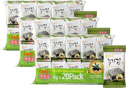 Bocadillo de algas marinas Daechun (Choi's1) (paquete de 60), original, sal marina, té verde en polvo, hoja de nori, producto de Corea