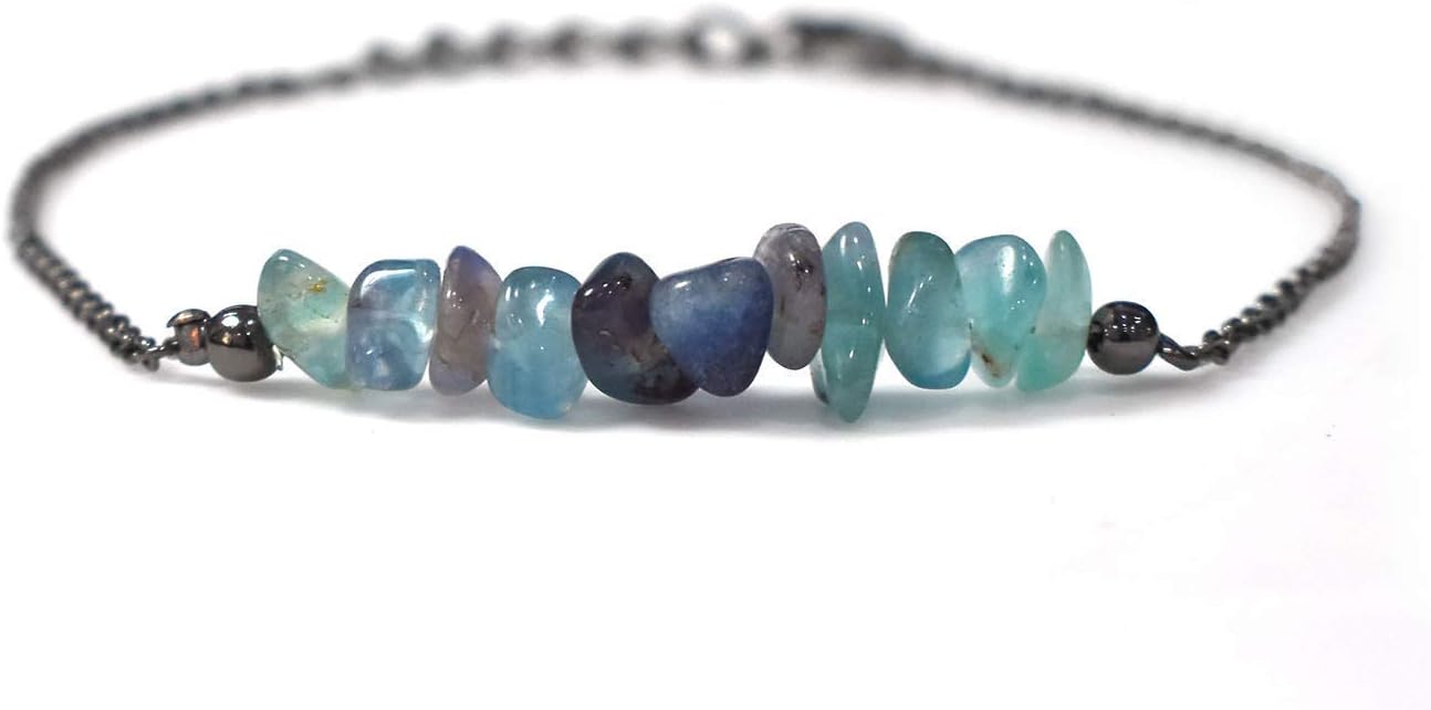 Gempires Natural Gemstone Chip Bar Bracelet for Women | AA+ 3–5mm Healing Crystal Chips | Adjustable 7+1 Inch Black Rhodium Plated Chain | Dainty Minimalist Spiritual Bracelet | Gift for Her | Multiple Stone Options