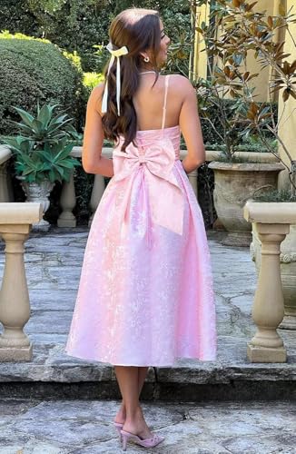Tea Length Satin Jacquard Prom Dress with Bow A Line Sweetheart Formal Cocktail Party Gowns Bridesmaid Dresses YH664