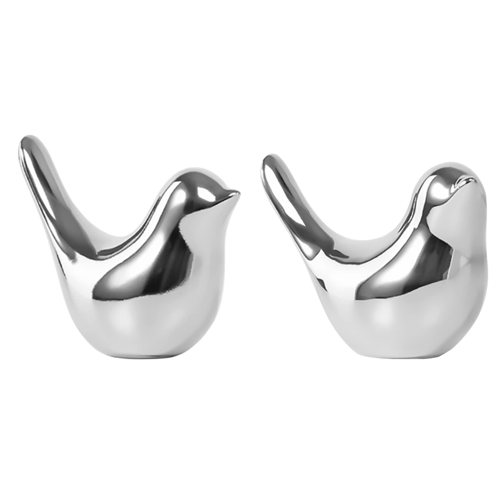 DIYOMR 2 Pack Ceramic Silver Bird Figurines Modern Style Small Birds Statues Home Decor Accents Room Decorative Sculptures for Home Windowsill Ofiice Desktop Display Bonsai Decor (Silver 2Pcs, Medium)