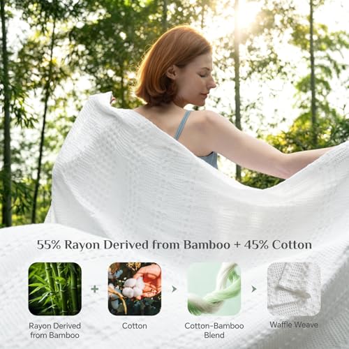 Image of BEDELITE Cooling Waffle Blanket Queen Size - Lightweight Breathable Cotton Summer Blanket of Rayon Derived from Bamboo for Hot Sleepers, Soft Throws for Bed, Couch and Sofa, White, 90x90 Inches