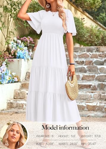 Image of KIRUNDO Summer Dresses for Women 2026 Spring Casual Flutter Short Sleeve Wedding Guest Smocked Flowy Tiered Aline Midi Dress