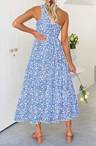 Image of ZESICA Women's 2026 Bohemian Summer Floral Print One Shoulder Sleeveless Smocked Ruffle Tiered Beach Long Midi Dress