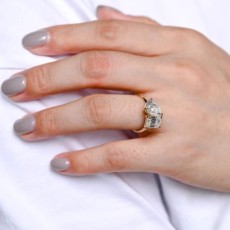 Solid Gold Toi et Moi Emerald & Pear Cut Moissanite Engagement Ring, Promise Ring, Two Stone Wedding Ring, Proposal Ring, Birthday4