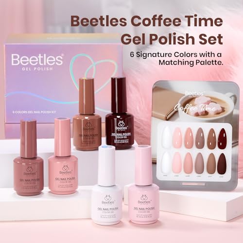 Image of Beetles Nude Gel Polish Set - 15ML Full Size 6 Colors Neutral White Pink Nude Brown Gel Nail Polish Kit Coffee Time Collection Soak Off UV LED Gel Long Lasting Glossy Finish Gifts for Women