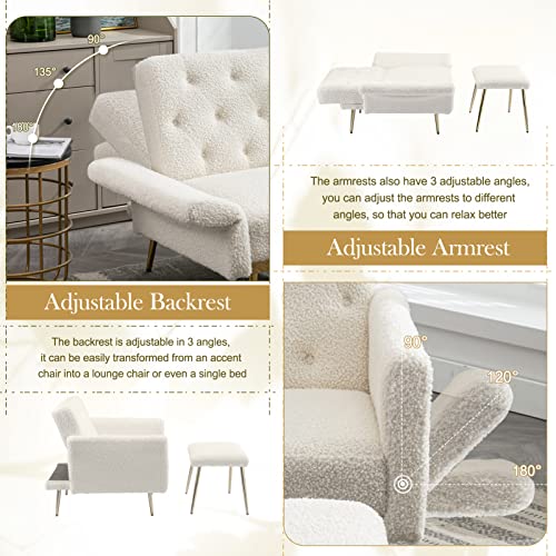 Modern Velvet Accent Chair With Ottoman, Comfy Single Sofa Armchair With Adjustable Backrest And Armrests, Tufted Lounge Arm Chair, Upholstered Recliner For Home, Living Room, Bedroom(White Teddy) #TOP3