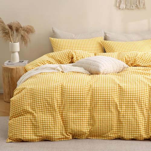 Image of TOCOMOA Yellow Gingham Duvet Cover Bedding Set 100% Washed Cotton Like Linen Feel Super Soft Comfortable 3 Piece Vintage Plaid Checkered Comforter Cover Set (Queen 90 inchx90 inch, Comforter Not Included)