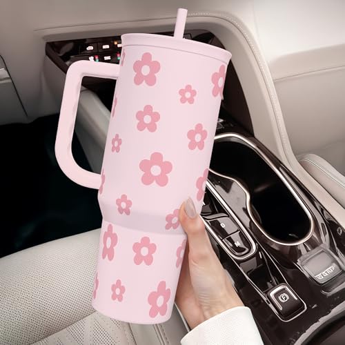 Image of Floral Tumbler with Handle and Straw 40oz Stainless Sleel Slider Tumbler Travel Coffee Mug for Women - Gift Idea for Birthday Christmas