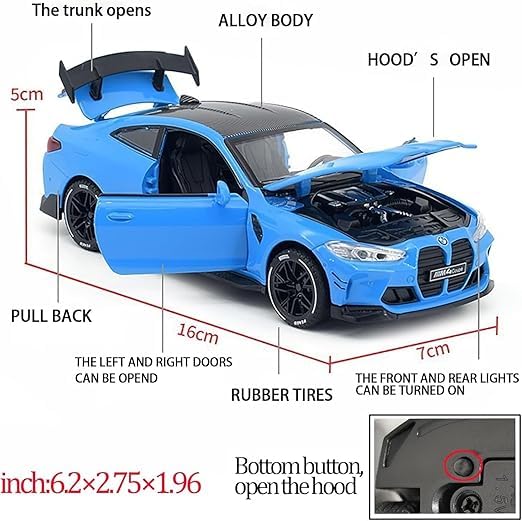 Image of BMW M4 1:32 Diecast Model Car | Metal Collectible Sports Car with Pull-Back Action, Openable Doors, Lights & Sounds Toy for Kids & Adults, Birthday Gift (Colour as a per Stock)