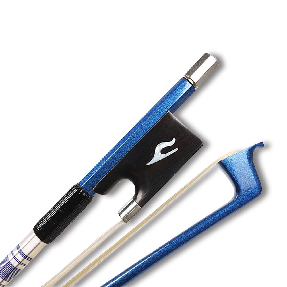 Yinfente Archetto per violino 4/4 in fibra di carbonio naturale bianco mongolo, rana in ebano con bel intarsio, testa di arco con diamante, 74 cm, 60 g, buona flessibilità/equilibrio (blu)