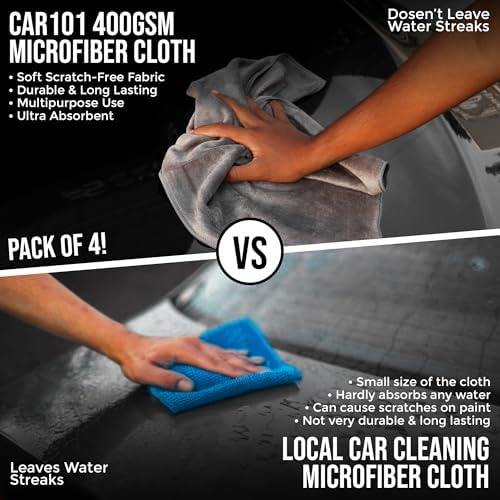 Image of CAR101 Microfiber Cloth - 2Pcs - 60x35 cm - 400 GSM - Grey | Multipurpose | Lint-Free | Superior Softness & High Absorbency | Microfibre Towels for Car, Bike & Household Cleaning