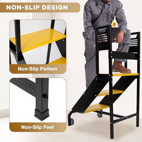 biosp 3-Step Mobile Heavy Duty Ladder with Wheels, Long Handrails, 440lbs Rolling Non-Slip Stairs, Step Stool with Fence, Steel Stepladder for Garage, Factory, Warehouse, 21.7\" Top Step Height
