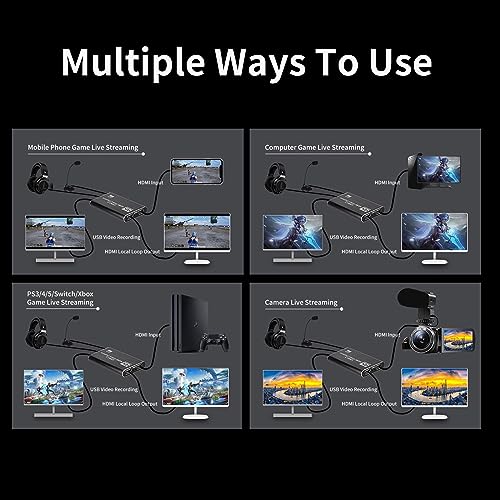 Video Capture Card, Game Capture Card with Microphone 4K HDMI Loop-Out 1080P 60FPS, USB 3.0 HDMI Video Capture Device - Image 3