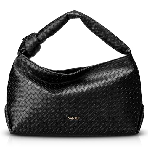Image of Vulkitty Hobo Bags For Women, Woven Leather Shoulder Purse Fashion Designer Ladies Top-Handle Handbag Black