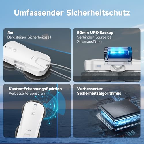 Fmart T11 Fensterputzroboter mit 10 Tüchern, Automatisches Vier-Wege-Sprühsystem mit dreifachem Sicherheitssystem, intelligenter Navigation, Fernbedienung, für alle glatten Oberflächen