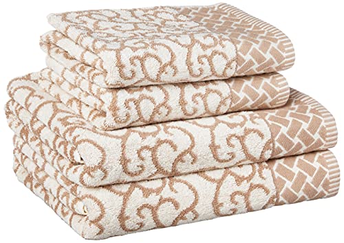 Violet Linen Swirl Pattern, 100% Terry Plush 600 Gsm Cotton Super Soft Highly Absorbent Jacquard Fashion Towel For Bathroom, Premium Hotel & Spa Quality, Taupe - 2 Bath Towels, 2 Hand Towel, Towel Set #TOP30