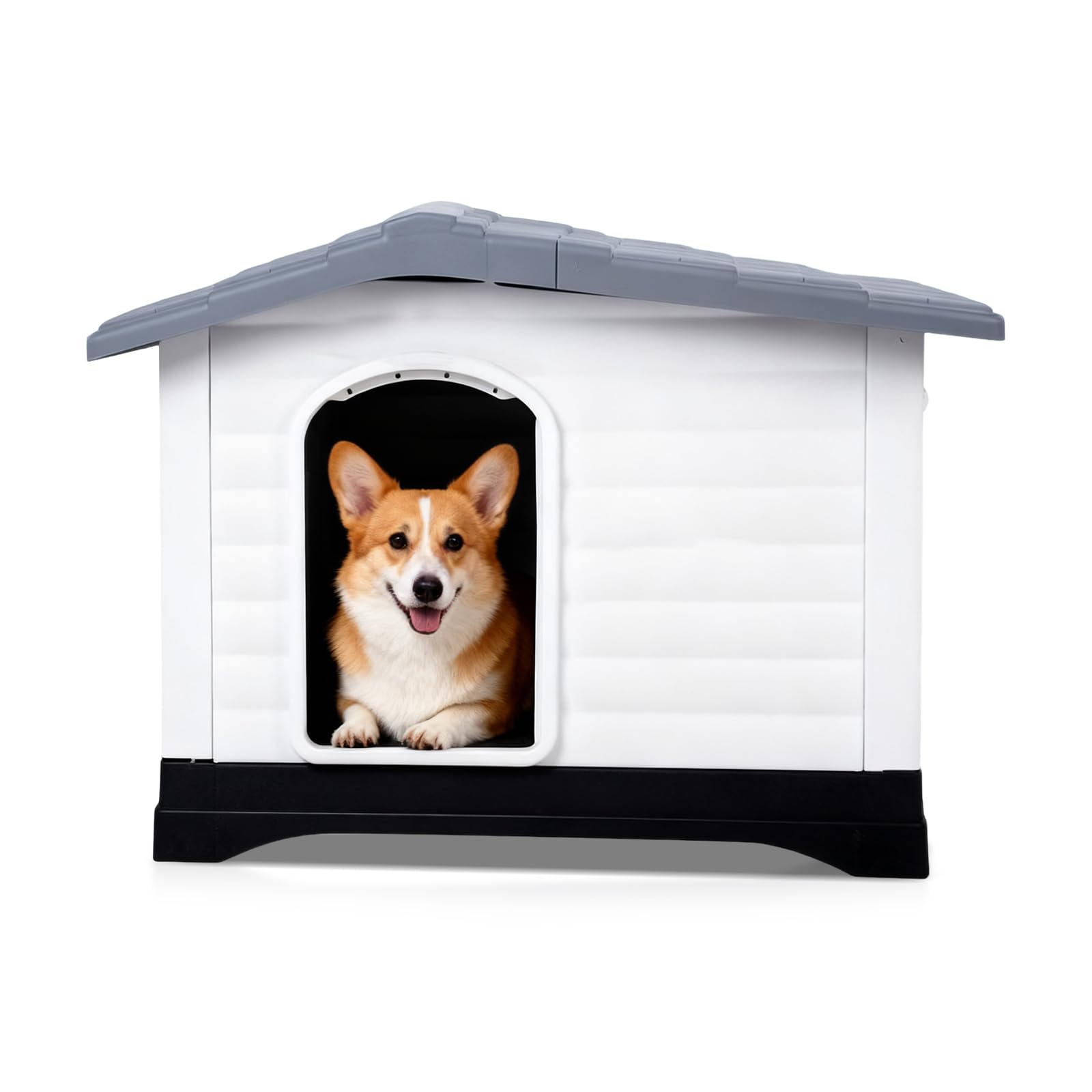 PETCUTE Caseta para Perros,Casa de Plástico para Perros con Techo Inclinado, Lado de Apertura, Fondo de Drenaje, Base Aislante, Refugio para Mascotas,Uso Interior y Exterior,Gris