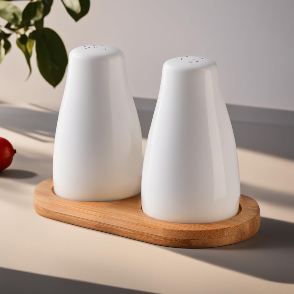 Ceramic Salt and Pepper Shakers Set with Wooden Tray | Dining Table Decorative Items | Salt Pepper Set for Dining Table | Salt and Pepper Shaker | White