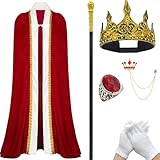 YYKKDD Regal Red Velvet Men's King Cloak and Costume Set, Medieval Royal Robe Hat and Scepter for Halloween & Christmas Parties (4‘7“ - 5’5“)