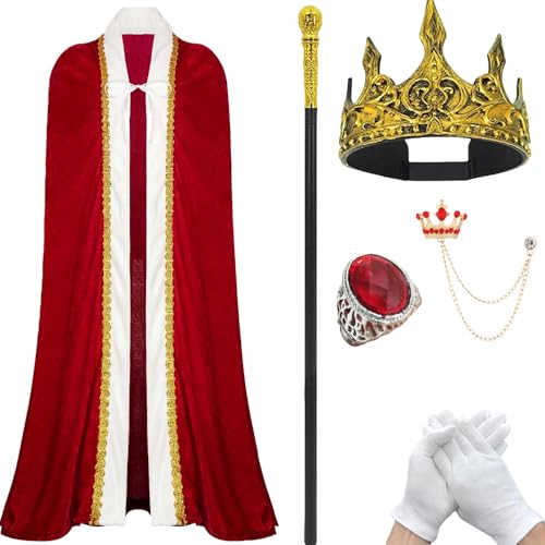 YYKKDD Regal Red Velvet Mens King Cloak and Costume Set Medieval Royal Robe Hat and Scepter for Halloween & Christmas Parties (47 - 55)