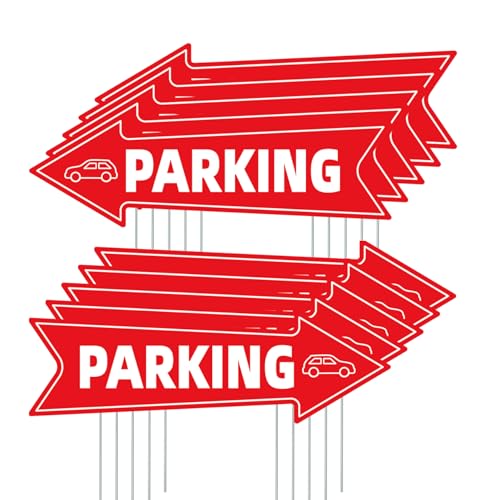 16 X 5 Inch Directional Parking Signs with Arrows - Durable Corrugated Plastic Event Parking Yard Signs Red & White Left & Right Arrow with Stakes (10)