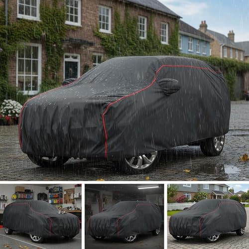Image of Sulfar 100% Water Resistant Car Body Cover Compatible with Mirror for Mahindra XEV 9e (Triple Stitched, Full Bottom Elastic, Dark Grey Tafetta with Red Piping)