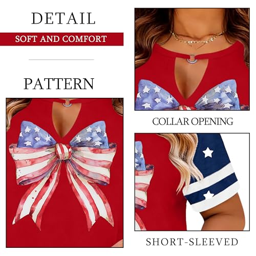 Image of Ithalt Plus Size American Flag Shirt Women Bow T Shirt 4th of July Shirts USA Patriotic V Neck Tees for Independence Day