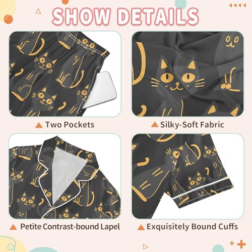 senya Cat Reflection Black Satin Summer Pajama Sets Silk Short Sleeve Button Down Sleepwear3