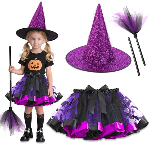 NXPZ Fato de bruxa para menina, fato de Halloween infantil, conjunto completo de 3 peças com saia de Tutu, chapéu e vassoura, ideal para jogos de RPG e festas para meninas de 3 a 12 anos