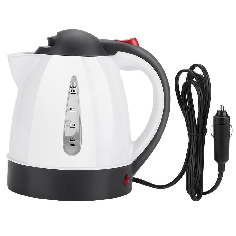 LKW Wasserkocher 24V, 1000ml Auto Elektrischer Wasserkocher Edelstahl KFZ Reisewasserkocher Reise Wasserkocher mit Zigarettenanzünder Stecker, für Camping Boot Wohnmobil