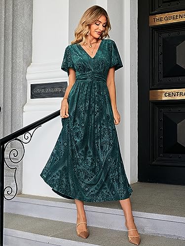 Image of Simplee Women's V Neck Velvet Maxi Dress Short Sleeve Empire Waist Long Formal Dress for Wedding Guest