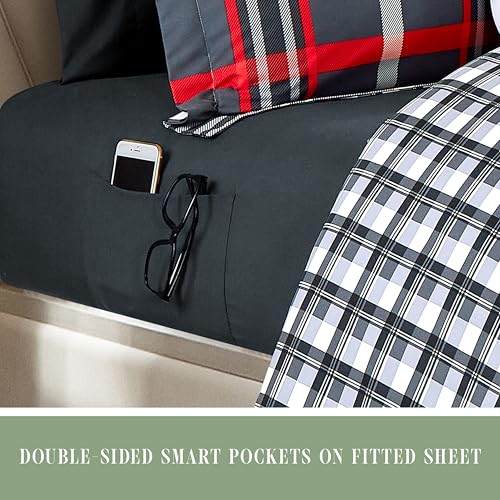 Image of Elegant Comfort 8-Piece Lodge Plaid Reversible Comforter Set - All Season Bed in a Bag, 4-Piece Sheet Set Featuring Smart Pockets, Matching Shams and Decorative Pillow, Full /Queen, Gray