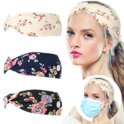 ROOHUA Headband Face Mask with Buttons - Hair Accessory that Protects the Ears of Doctors, Nurses and Everyone,Non-slip Elastic Headband,Yoga Running Sports Hairband for Women (3 pack) (FLOWER)
