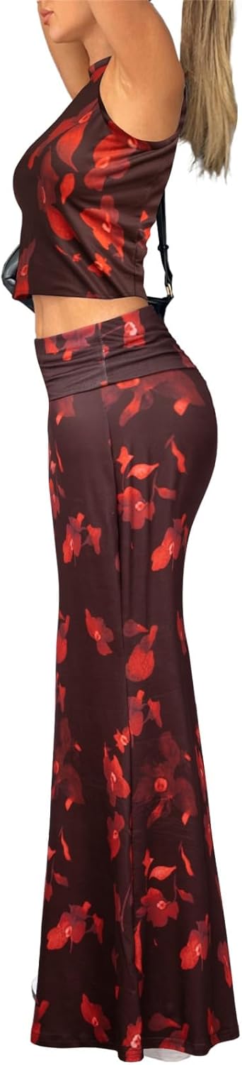 Skirt Sets Women 2 Piece Outfits - Sexy Two Pc Sleeveless Tank Crop Top Fold Over Maxi Long Skirts - Image 2