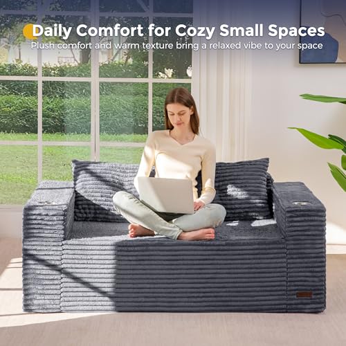 Image of MAXYOYO 63 inch Boneless Loveseat Sofa Couch for Small Spaces, Mini Love Seat Floor Couch with Cup Holders and Pillows, 2-Seater Upholstered Cloud Couch for Bedroom Apartment, No Assembly Required