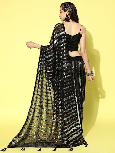 Image of AKHILAM Women's Black Embellished Georgette Saree With Unstitched Blouse Piece