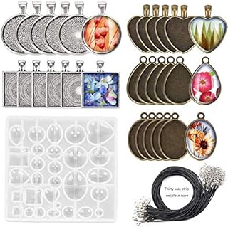 Keyzone 61Pcs Pendant Trays Round Square Heart Teardrop Oval with Silicone Resin Jewelry Casting Moulds for Pendant Crafting DIY Jewelry Gift Making Molds