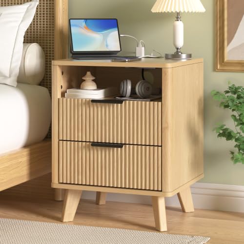 HOMMPA 18'' Fluted Nightstand with Charging Station, Modern Bedside Table, 2 Drawer Bed Side End Table with Open Compartment & 4 Support Legs, Wood Night Stand for Bedroom, Curved Profile Design - image 1