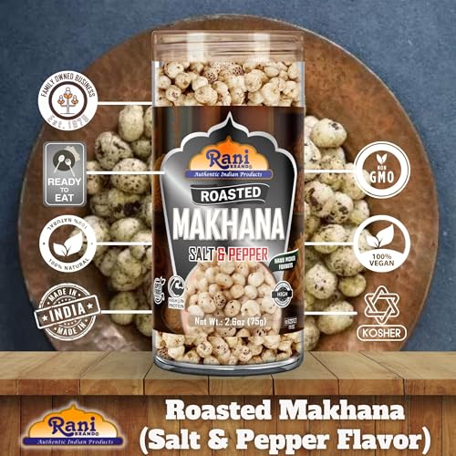 Image of Rani Roasted Makhana (Fox Nut /Popped Lotus Seed) Salt & Pepper Flavor 2.6oz (75g) Ready to eat, Hand Picked Foxnuts ~ All Natural | Vegan | Gluten Friendly | NON-GMO | Kosher | Indian Origin