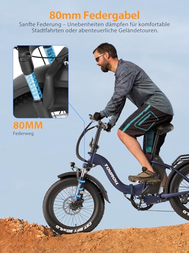 Touroll S2 E-Bike Klapprad Elektrofahrrad mit 20×4.0 Zoll Fat Tire, 48V 720Wh Akku für Lange Reichweite bis...