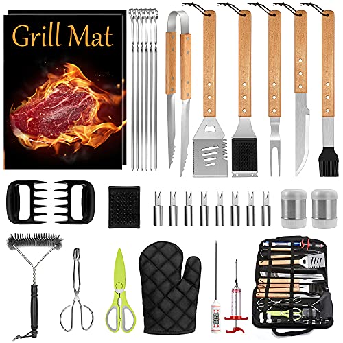 LeonYo 34PCS BBQ Grill Accessories in Case, Stainless Steel Grilling Tools Set for Outdoor Cooking Camping Smoking Gas Grill Barbecue, Heavy Duty BBQ Utensils for Men & Women, Wooden Handle