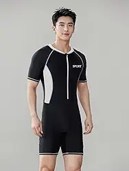 Traje de banho masculino de uma peça com proteção solar: roupa de mergulho de manga curta com zíper com cobertura FPS, ajuste slim, acabamento contrastante