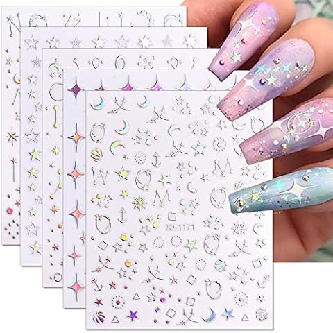 Dornail 6 Blatt Aurora Silber Sterne Mond Planet Nagelsticker 3D Holografische Laser Stern Nagelaufkleber Selbstklebend Nagel Aufkleber Nail Art Stickers Nageldesign Nagelkunst Nägel DIY Dekoration Cover