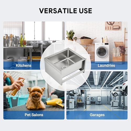 Image of WILPREP Commercial Mop Sink, 19x16x8 Inch 304 Stainless Steel Utility Sink with Strainer & X-Shaped Floor Guides for Kitchen Laundry Garage Pet Salon