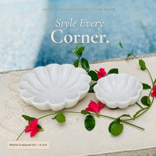 Image of Marble Urli Bowl for Home Decor | Handcrafted Floating Bowl, Decorative Centerpiece for Living Room Table, Luxury Stone Urli Dish, Pooja Decor & Festive Gift Item (Scalloped /6 Inch)